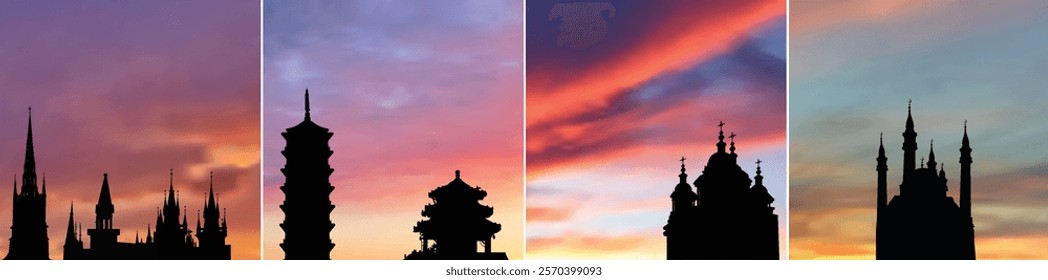 illustration with religion buildings silhouettes on sunset backgrounds