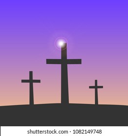 Illustration of religious crosses against a night sky background.