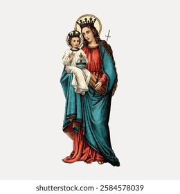 Illustration of a religious figure holding a child, both with halos and crowns. The figure wears a blue and red robe, and the child is in white garments. Vintage art illustration, vector.