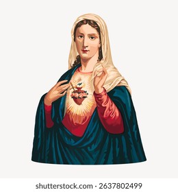 Illustration of a religious figure in a robe, with a heart symbol on the chest, holding a gesture of blessing. Features a serene expression and a halo effect. Vintage character vector.