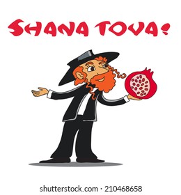 Illustration of Religious Jew with the pomegranate on the Rosh Hashanah. Jewish new year. Shana Tova greeting. Cartoon, vector, line art. Isolated on white. For holiday.