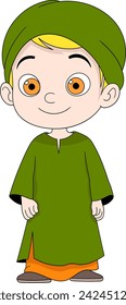 illustration of a religious person, a Muslim boy dressed neatly going to the mosque for worship, creative drawing 