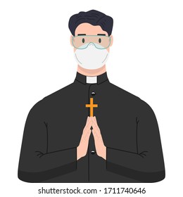 Illustration of religious priest with antivirus protection, medical masks and protective glasses. Design element for poster, label, sign, emblem, infographic. Vector illustration