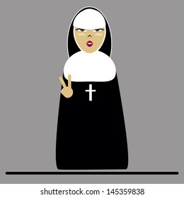 illustration of religious woman with black habit with white, making peace sign with fingers over gray background.