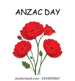 Illustration of Remembrance Day Anzac Day. Red poppies on white background. Vector illustration for  design