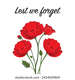 Illustration of Remembrance Day Anzac Day. Red poppies on white background. Vector illustration for  design