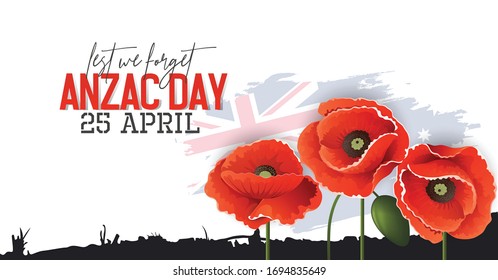 Illustration of Remembrance Day 
 Anzac Day Silhouette  of soldiers fighting in battle filed with a soldier blowing horn as a background and with poppies  flowers