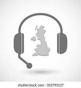 Illustration of a remote assistance headset icon with  a map of the UK 