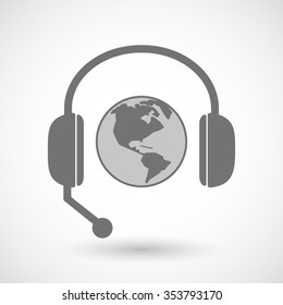 Illustration of a remote assistance headset icon with an America region world globe