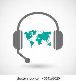Illustration of a remote assistance headset icon with  a world map
