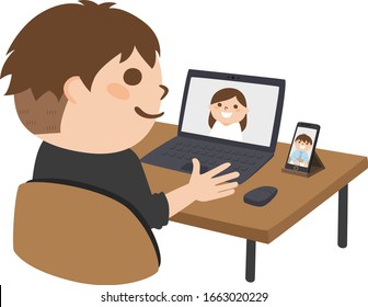 Ilustración del trabajo a distancia. Los hombres están teniendo conferencias web en casa usando computadoras personales y teléfonos móviles.