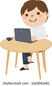 Ilustración del trabajo a distancia. Joven trabajando desde casa o café.