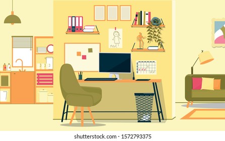 Illustration Remote Worker Workplace at Home. Compact Place to Work with Everything it Need. There is Computer on Table, Shelves are Hung Higher on Wall, Calendar and Board with Reminders Hanging.