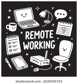 Illustration of remote working essentials including laptop, headset, router, coffee mug, desk, chair, keyboard, notepad, mouse, tablet, and chat bubble on a black background.