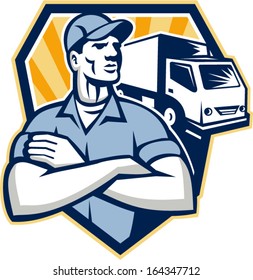 Illustration of a removal man delivery guy with moving truck van in the background set inside a shield done in retro style.