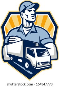 Illustration of a removal man delivery guy with moving truck van in the foreground set inside shield crest done in retro style.