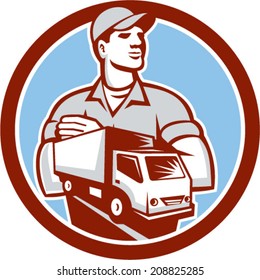 Illustration of a removal man delivery guy with moving truck van set inside circle on isolated background done in retro style.