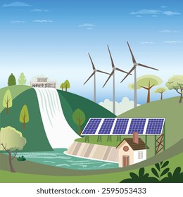 Illustration of a renewable energy landscape featuring solar panels, wind turbines, and a hydroelectric dam, representing clean energy, sustainability, and eco-friendly power sources 