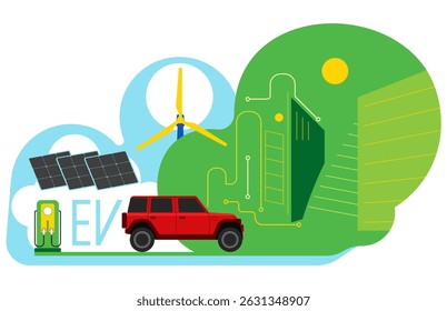 Illustration of renewable energy sources driving electric vehicles towards a sustainable and eco-friendly future.