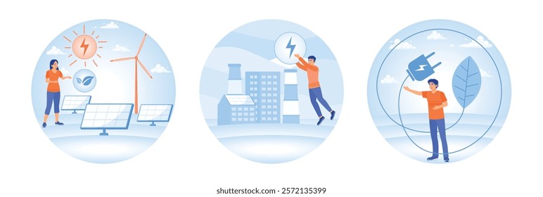 Illustration of renewable energy sources. Environmental, social and corporate governance. Someone applies environmentally friendly energy. Green and sustainable environment concept. 