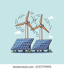 Ilustración de fuentes de energía renovables con turbinas eólicas y paneles solares.