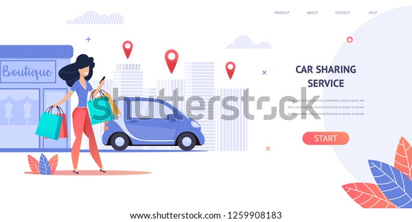 Illustration Rent a Car Using Mobile Application.\
Banner Vector Image Young Girl Enjoys Car Sharing Service. Car\
Rental Anywhere in City. Woman Hold Shopping Bag from Store.\
Beautiful Beauty\
Day