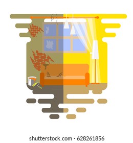 Illustration repair of the apartment. Before and after repair. Ragged sofa, paint, dirt and brick walls. Clean and bright room with a fashionable interior design.