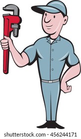 Illustration of a repairman handyman worker wearing hat standing with one hand on hips carrying holding monkey wrench looking to the side viewed from front set on isolated background in cartoon style