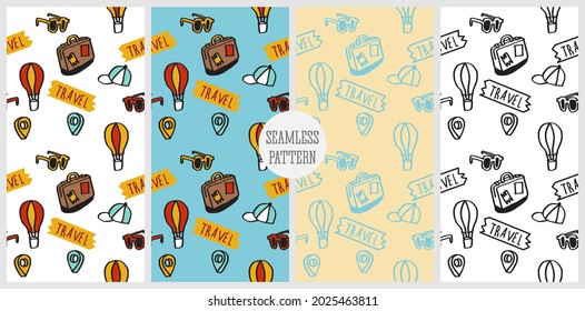 illustration of repeat pattern seamless concept of cute hand drawn traveling icons contain of travel banner, location symbol, cap, luggage, hot air balloon and sunglasses. Vector.