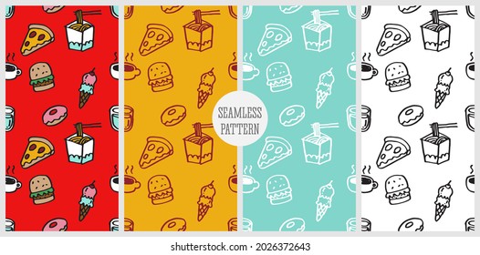illustration of repeat pattern seamless concept of cute hand drawn food icons contain of slice of pizza, burger, ice cream, doughnut, noodle, and cup of coffee. Vector.