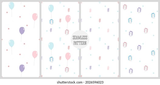 illustration of repeat pattern seamless concept of birthday, holiday, valentine, mother's day. Hand drawn set of cute  gift and balloon with plants in pastel color. Vector.