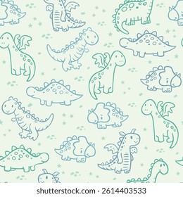 Illustration of a repeated pattern with dragons and dinosaurs in a childish style. Art in simple and uncluttered lines.