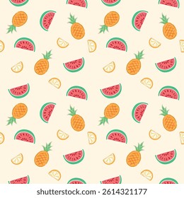 Illustration of a repeated pattern of randomly scattered tropical fruits. Stylized line art.