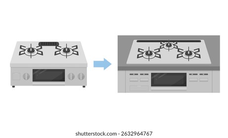 Illustration of replacing a free-standing gas stove with a built-in gas stove