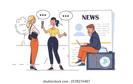 Illustration of a reporter interviewing a woman with a camera and journalist working on a laptop in the background. Creative news communication concept. Vector illustration