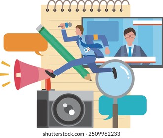 Illustration of reporters and news reporters running around to cover stories