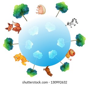 Illustration of the representation of the earth with animals and plants on a white background