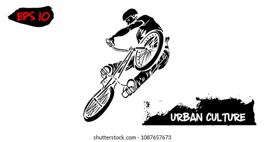 Illustration with representative of Urban Culture. BMX rider in a jump isolated on white background. Extreme theme modern print