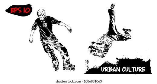 Illustration with representatives of Urban Culture. Roller and breakdancer isolated on white background. Extreme theme modern print