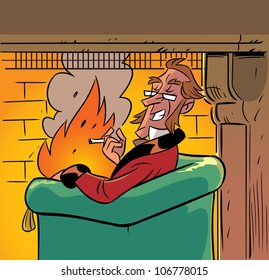 The illustration represented a man who sits in a chair by the fire.Illustration done in the style of comics.