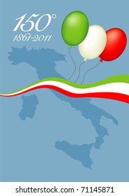 Illustration representing the 150th anniversary of Italian unity, with map of Italy and balloons and a ribbon with Italian flag colors