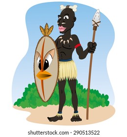 Illustration representing African indigenous African culture warrior holding spear and shield