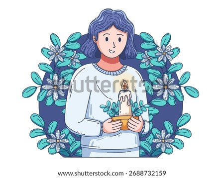 illustration representing All Saints’ Day, featuring a calm person holding a glowing candle with melted wax and green leaves at its base and Surrounded by floral background