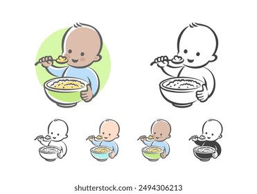 An illustration representing baby food. A baby is eating porridge and smiling. This illustration can be used for icons, logos, or design elements.





