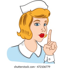 Illustration representing blonde nurse woman making silence sign. Ideal for catalogs, information and medical guides