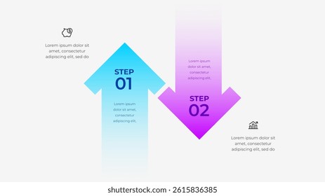 Illustration representing a business process in two steps with arrows, piggy bank, and analytics icons, conveying progress and organizational workflow