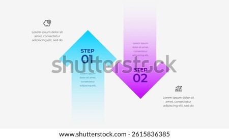Illustration representing a business process in two steps with arrows, piggy bank, and analytics icons, conveying progress and organizational workflow