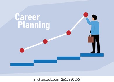 Illustration representing career planning, showing a person with a briefcase climbing steps towards an upward trending line graph with milestones