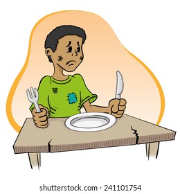 Illustration representing a child sitting without food on the table
