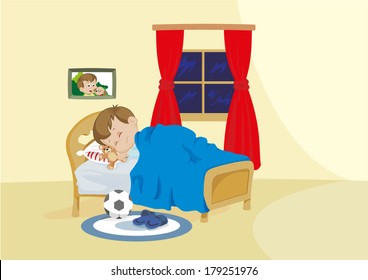 Illustration representing a child sleeping peacefully in his room on his bed